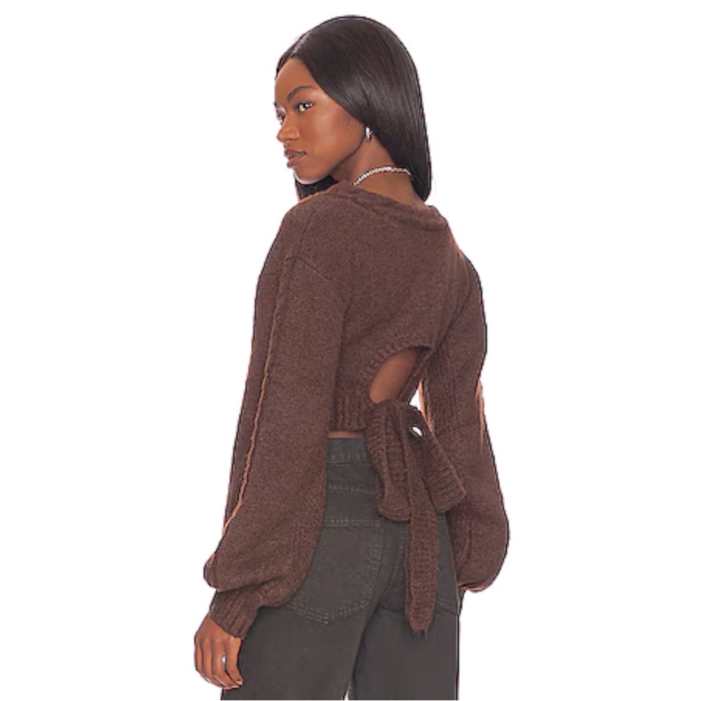 For Love & Lemons Cropped Amelia Sweater Chic Brown Knit with Back Tie Size XL